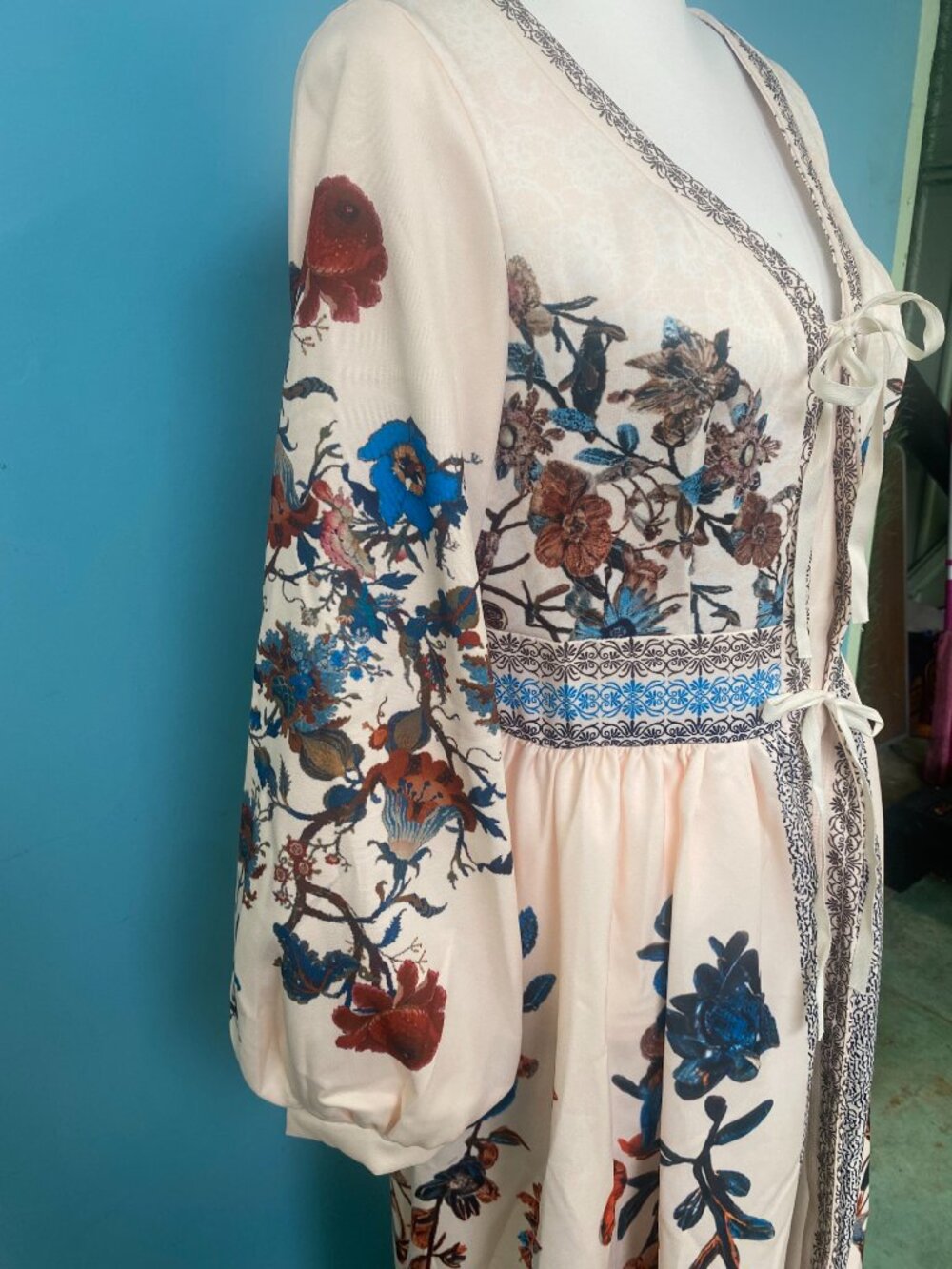 Boho Floral Maxi Dress Cream Blue Rust Peasant Prairie M - Picture 4 of 5